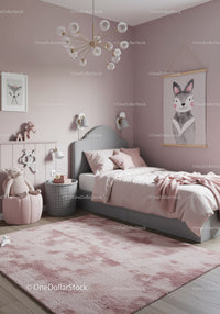 Stylish Kids Bedroom with Pink Decor, Plush Toys, and Wall Art