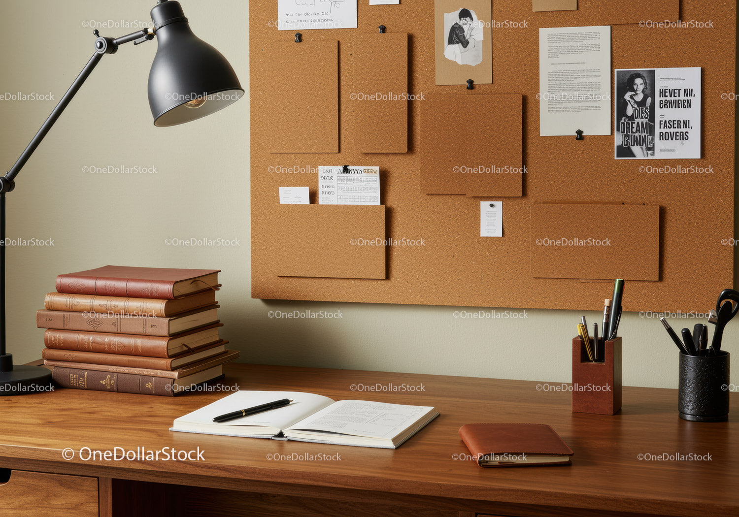 Organized workspace with vintage books and cork bulletin board