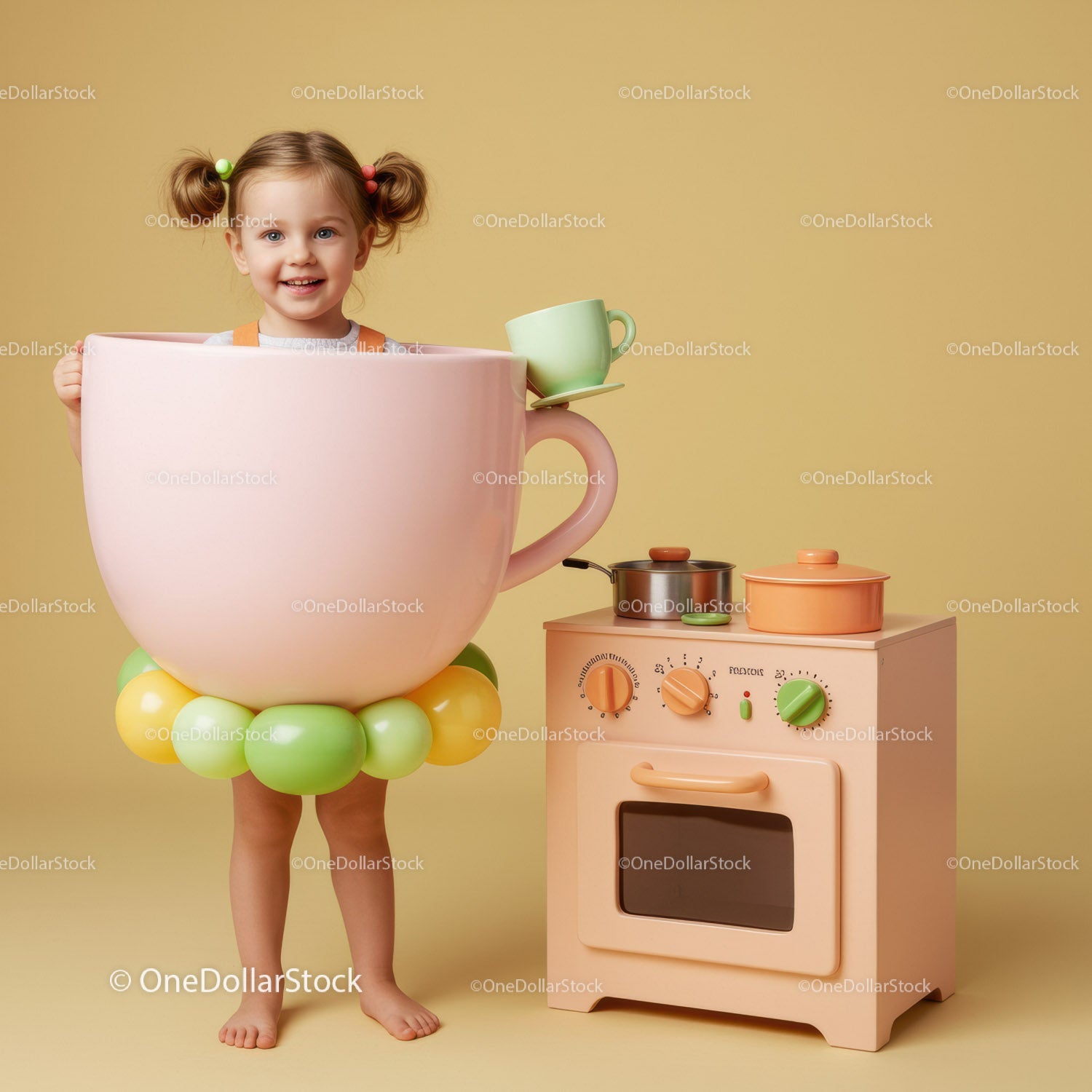 Little girl dressed as giant pink teacup playing kitchen