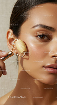 Close-up of Woman Using Jade Roller for Facial Skin Rejuvenation