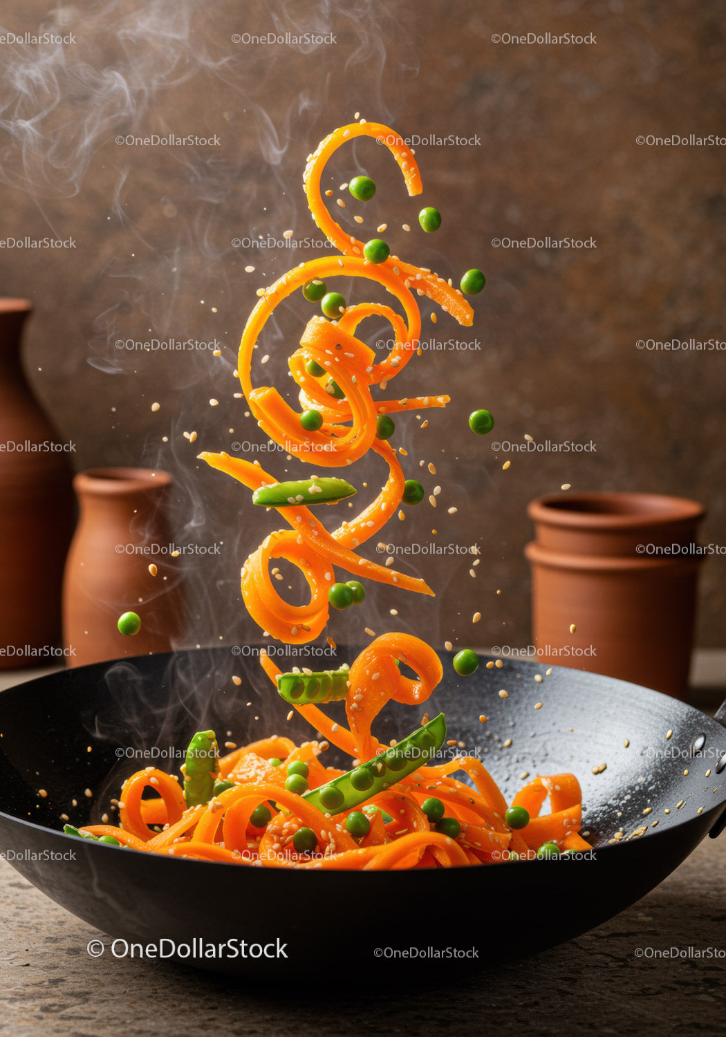 Spiralny makaron marchewkowy z groszkiem w woku