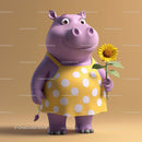 Cute Cartoon Hippo Holding Sunflower in Yellow Dress for Kids Illustration