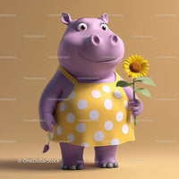 Cute Cartoon Hippo Holding Sunflower in Yellow Dress for Kids Illustration