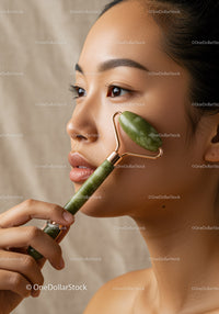 Close-up of Young Woman with Jade Roller Performing Facial Massage