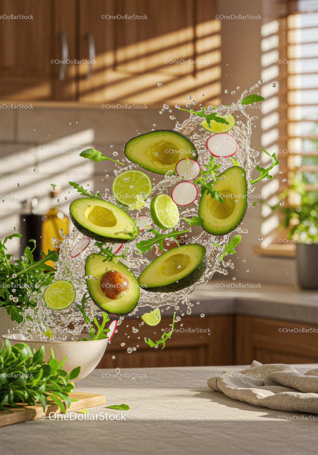 Fresh avocado and lime salad ingredients splashing