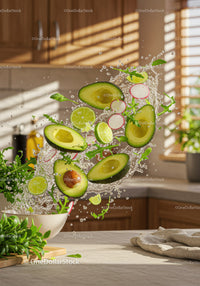 Fresh avocado and lime salad ingredients splashing