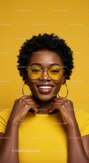 Vibrant Smiling Woman with Yellow Fashion Accessories Studio Portrait
