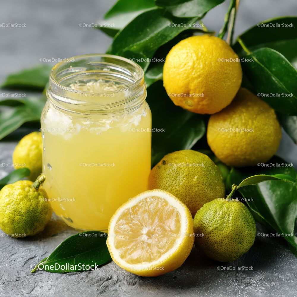 Refreshing Lemon Juice with Fresh Lemons and Green Leaves