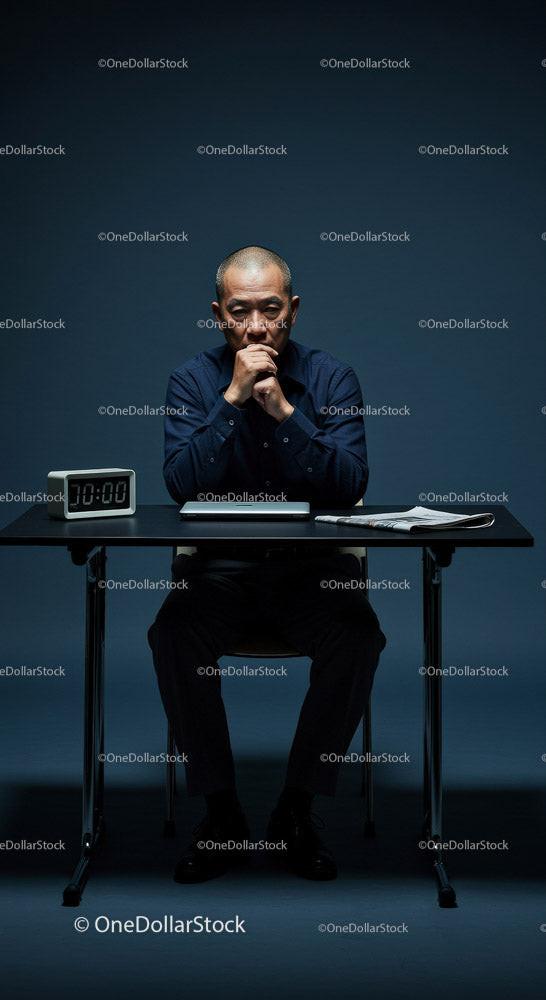 Man Deep in Thought at Office Desk with Timer Display Stock Photo Bundle (13 JPG Files)
