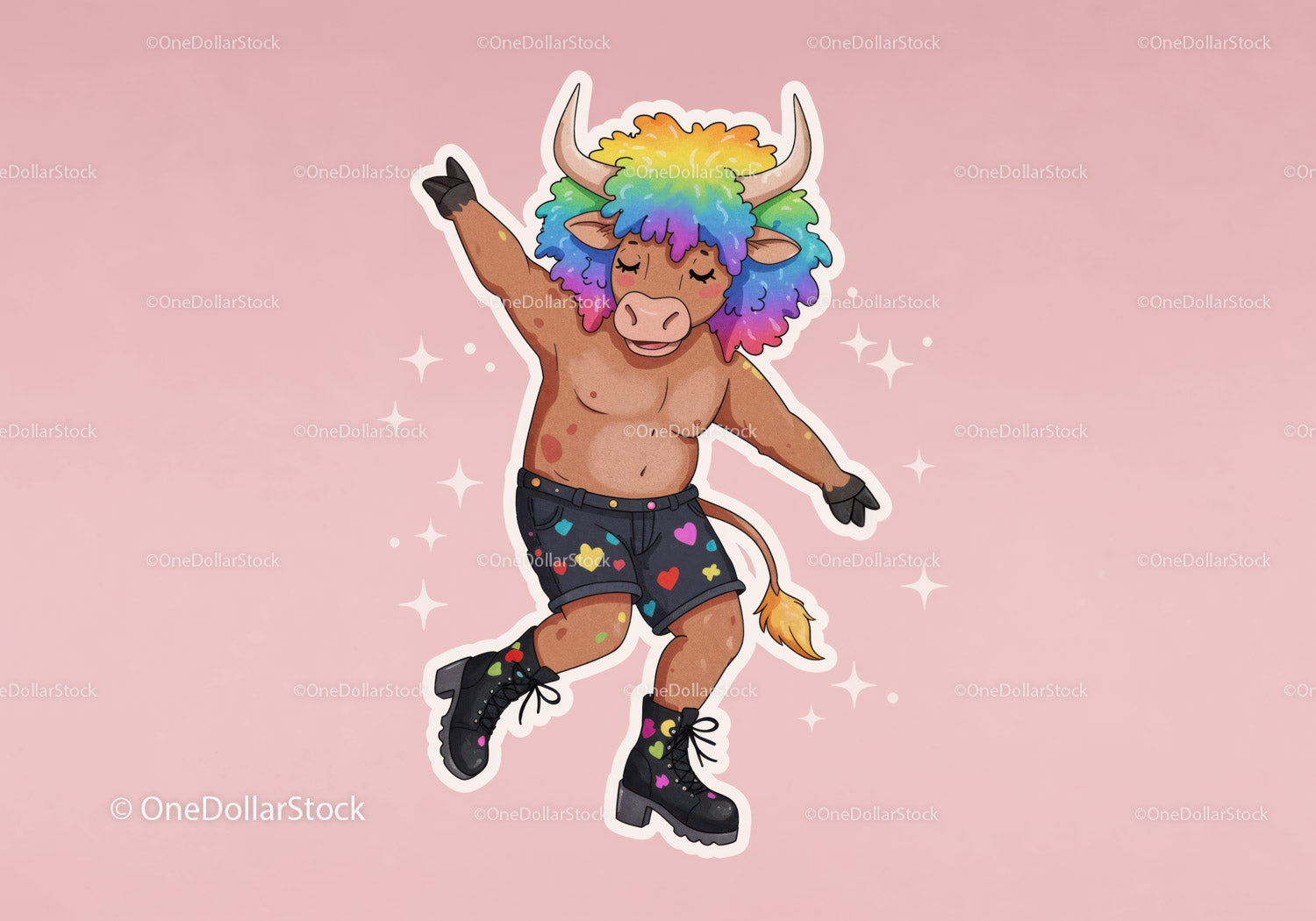 Colorful Cartoon Bull with Rainbow Hair in Funky Streetwear