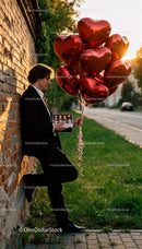Young man holding heart balloons and chocolates at sunset