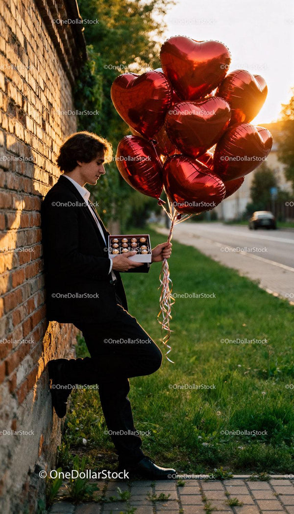 Young man holding heart balloons and chocolates at sunset