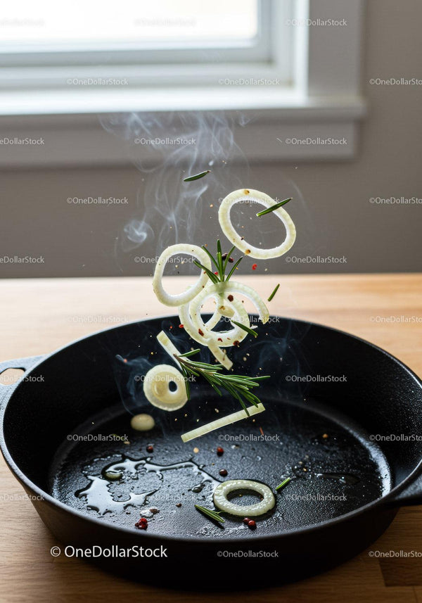 Sizzling Onion Rings and Rosemary in Cast Iron Pan