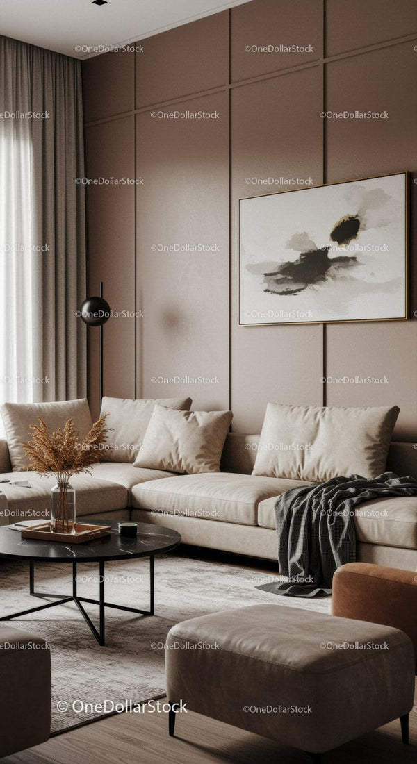 Elegant Modern Living Room with Beige Sofa and Abstract Wall Art