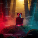 Luxury Red Perfume Bottle in Mystical Forest Scene