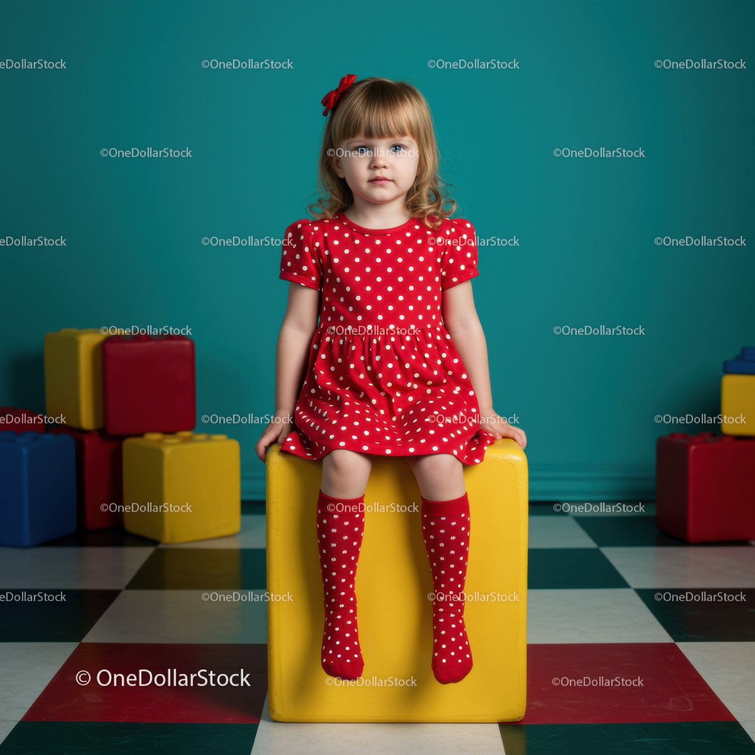 Toddler girl in red polka dot dress sitting on yellow block