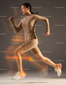 Athletic woman running fast in beige activewear