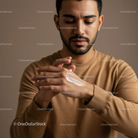 Close-up of Young Man Applying Lotion to Hands for Skincare