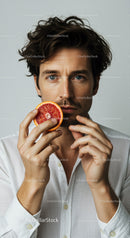 Stylish Male Portrait Holding Juicy Grapefruit with Contemporary Vibe