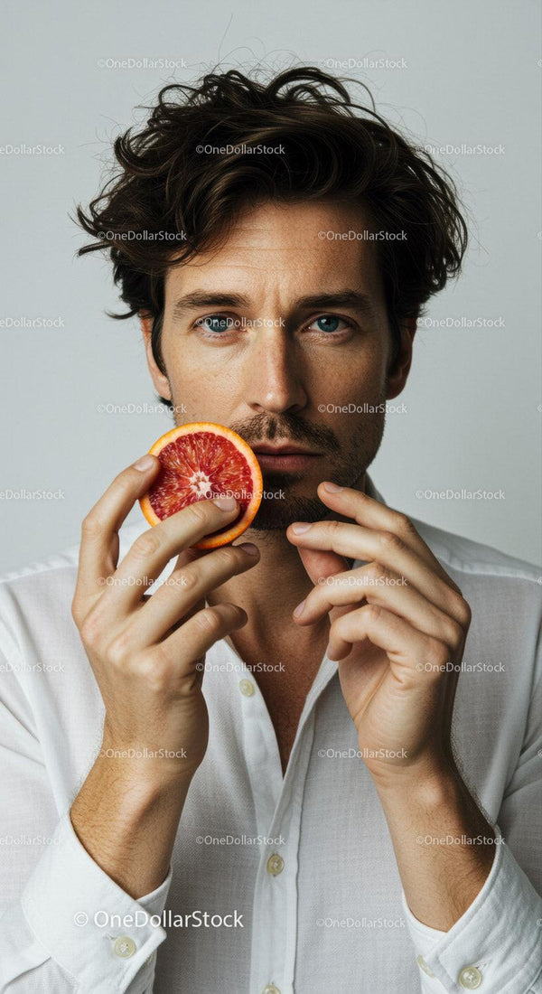 Stylish Male Portrait Holding Juicy Grapefruit with Contemporary Vibe