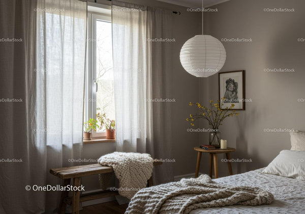 Cozy bedroom with natural light and soft textures