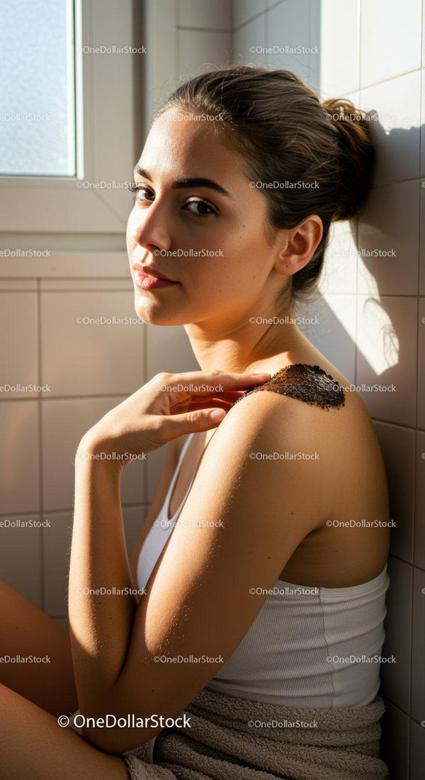 Young woman applying natural scrub on shoulder