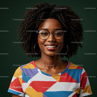Vibrant Woman with Curly Hair and Glasses in Colorful T-Shirt