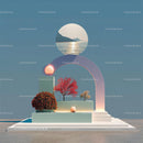Futuristic Abstract Landscape with Vibrant Red Trees