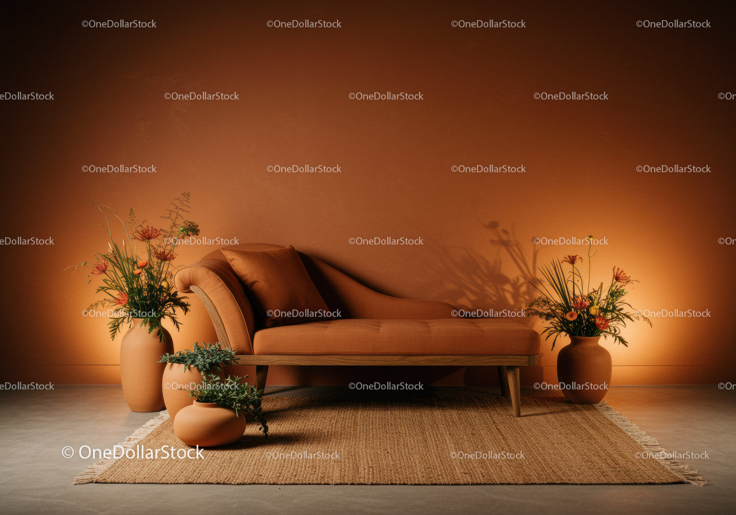 Przytulny, nowoczesny salon z terakotową sofą i roślinami