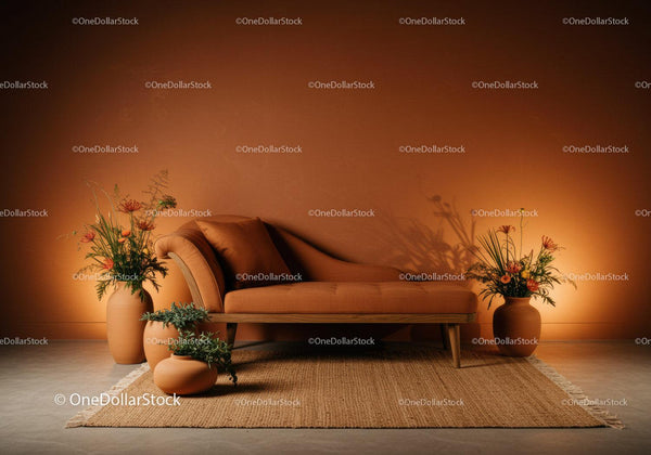 Przytulny nowoczesny salon z terrakotową sofą i roślinami