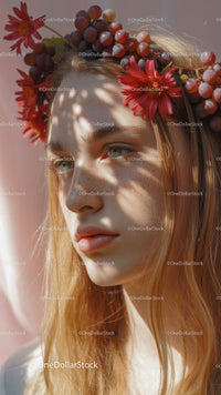 Young Woman with Red Floral Crown and Purple Grapes Outdoor Portrait