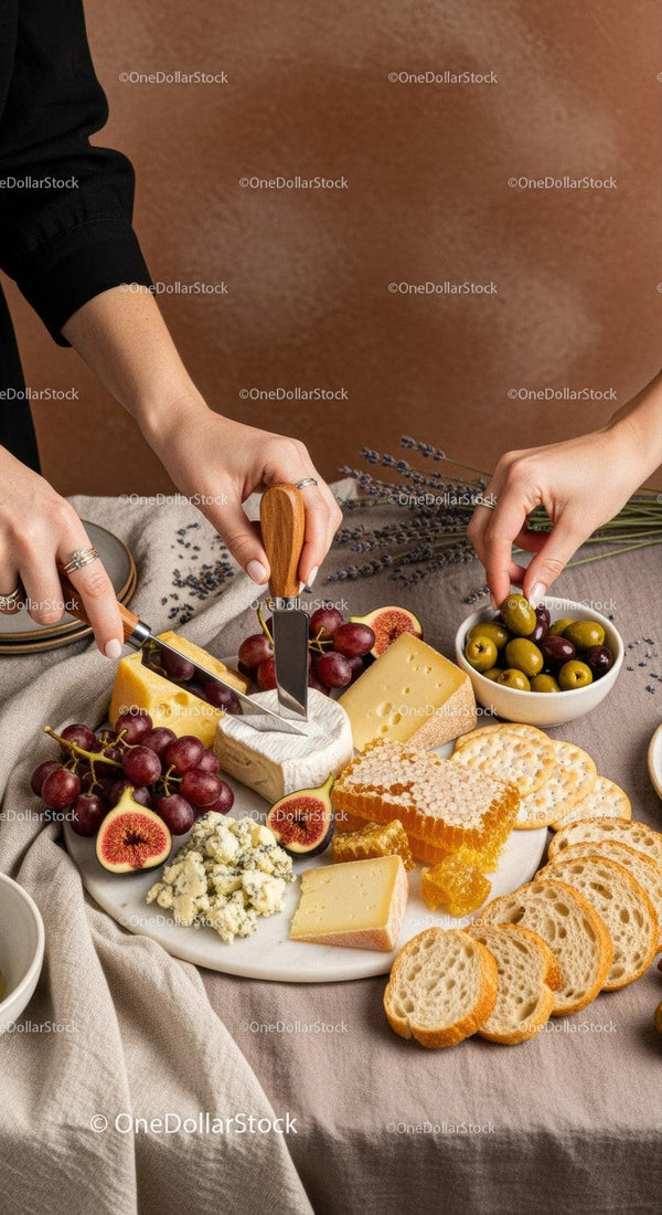 Deska serów z winogronami, figami, plastrami miodu i kromkami chleba na rustykalny stół