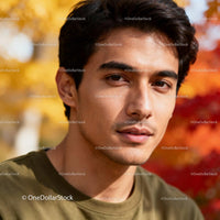 Young man with thoughtful gaze in autumn park