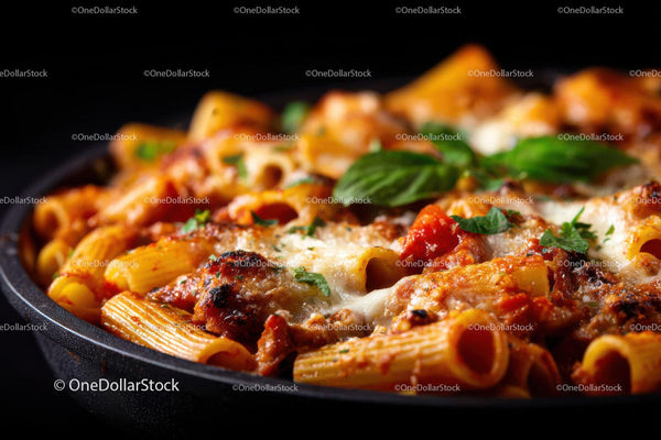 Cheesy Baked Pasta Dish with Tomato Sauce and Basil