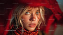 Glamorous Blonde Woman with Blue Eyes Wearing Red Scarf in Studio