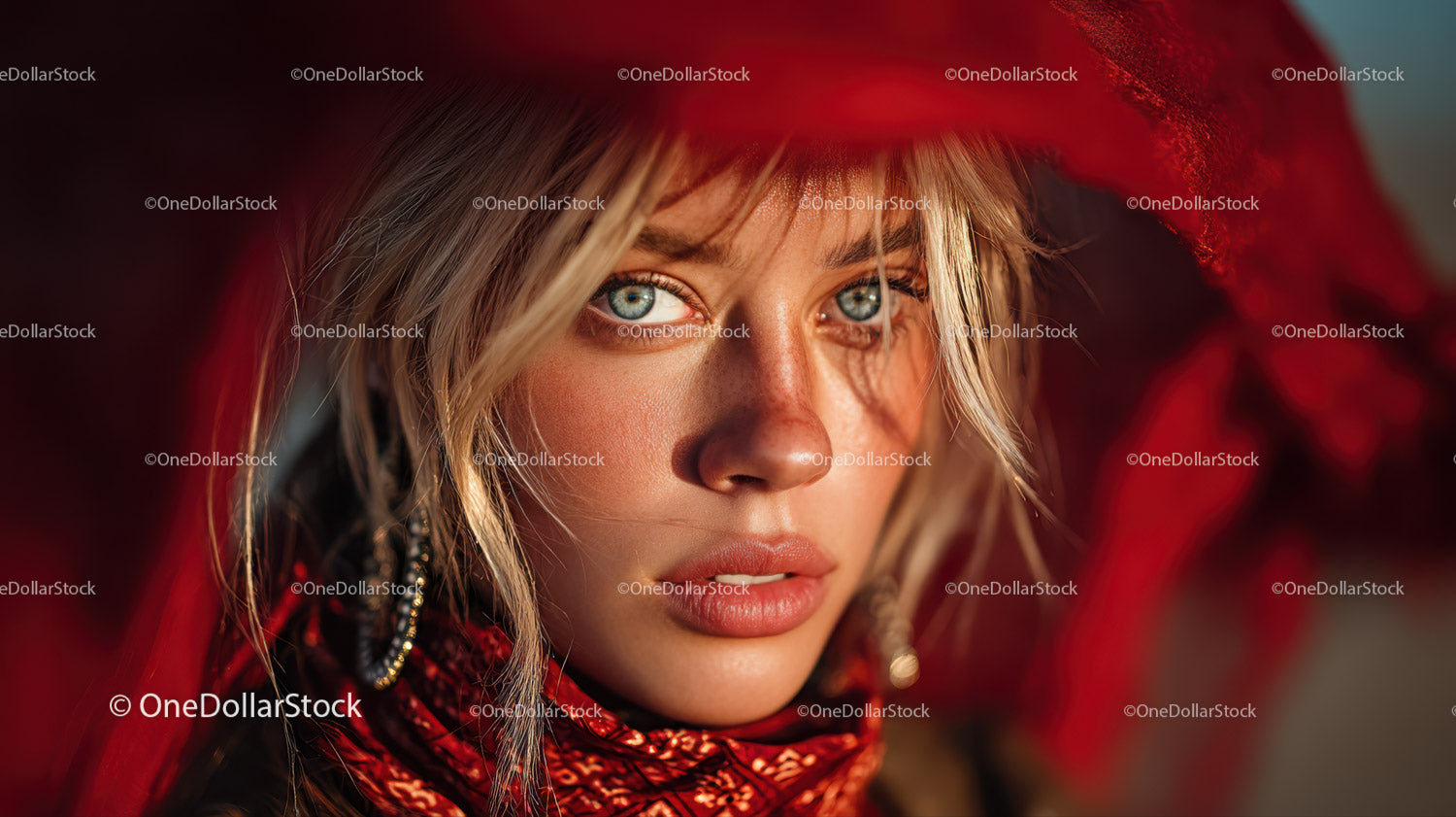 Glamorous Blonde Woman with Blue Eyes Wearing Red Scarf in Studio