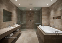 Luxury Bathroom with Beige Stone Tiles and Walk-in Shower