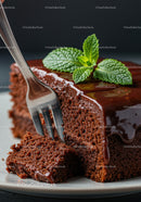 Moist chocolate cake slice with glossy ganache and mint