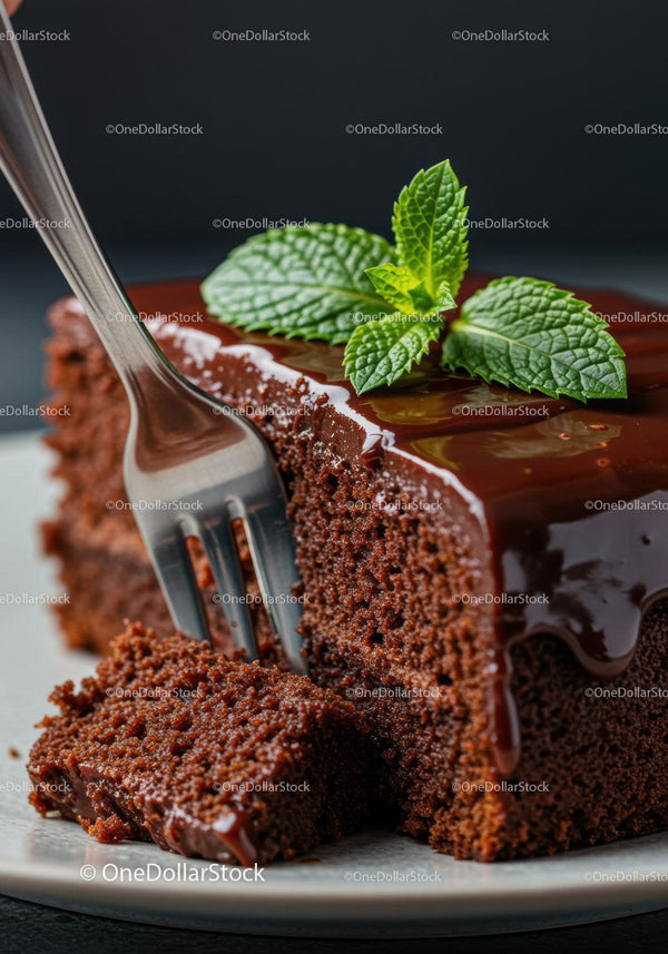 Moist chocolate cake slice with glossy ganache and mint