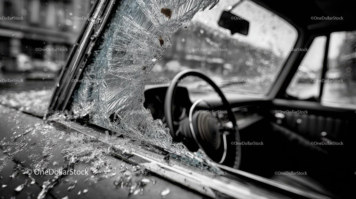 Abandoned Vintage Car with Broken Glass at Sunset