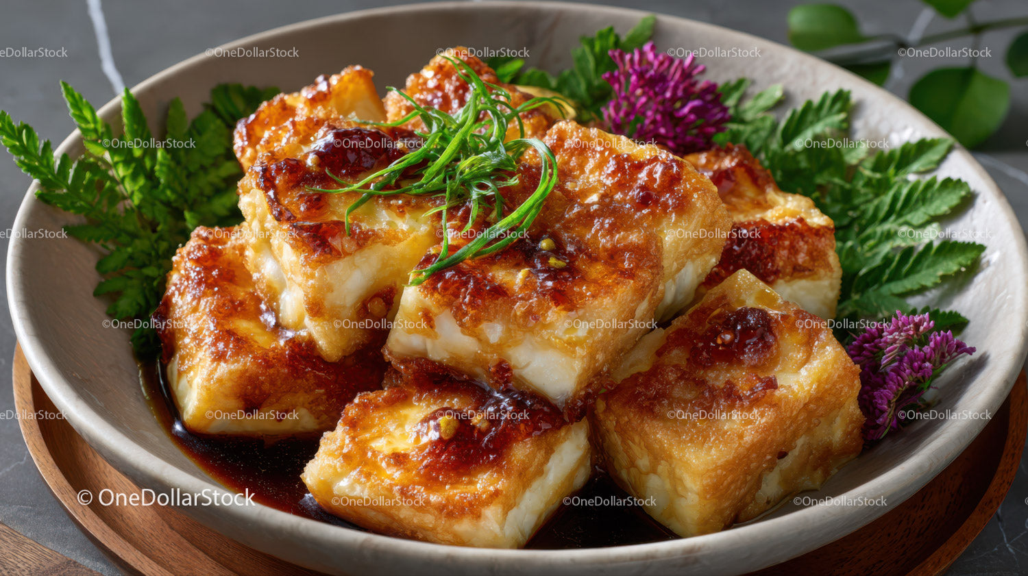 Crispy Fried Tofu with Savory Sauce Garnished with Fresh Herbs and Flowers