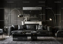 Modern dark living room with sleek sofa and elegant decor