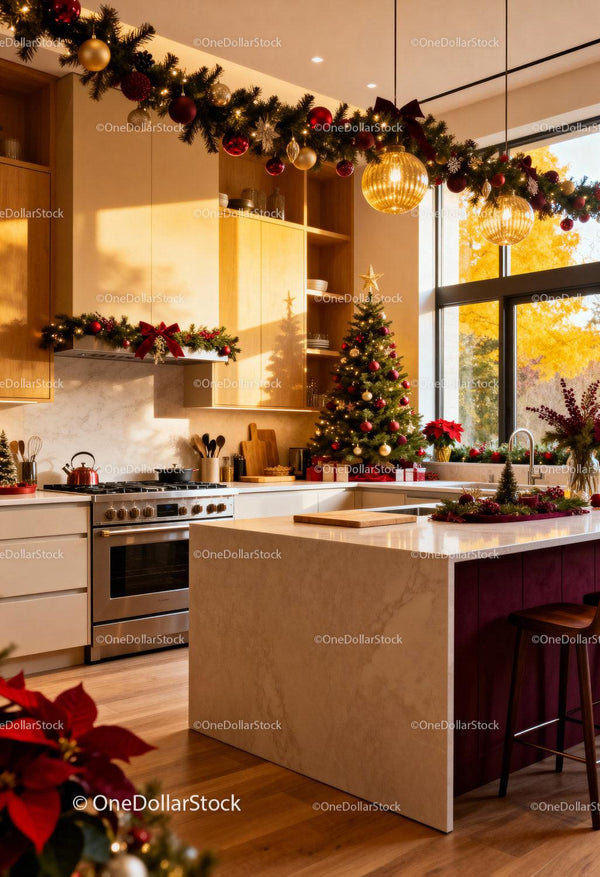Cozy modern kitchen decorated for Christmas celebration