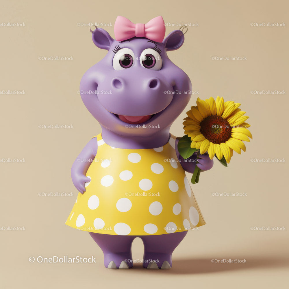 Cute Cartoon Hippo Holding Sunflower in Yellow Dress for Kids Illustration