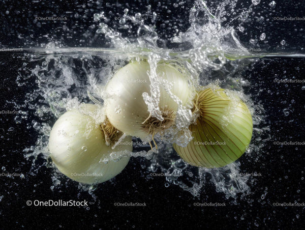 Fresh Garlic Bulb Splashing in Water with Dynamic Droplets