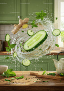 Fresh cucumber slices and mint leaves splashing with water