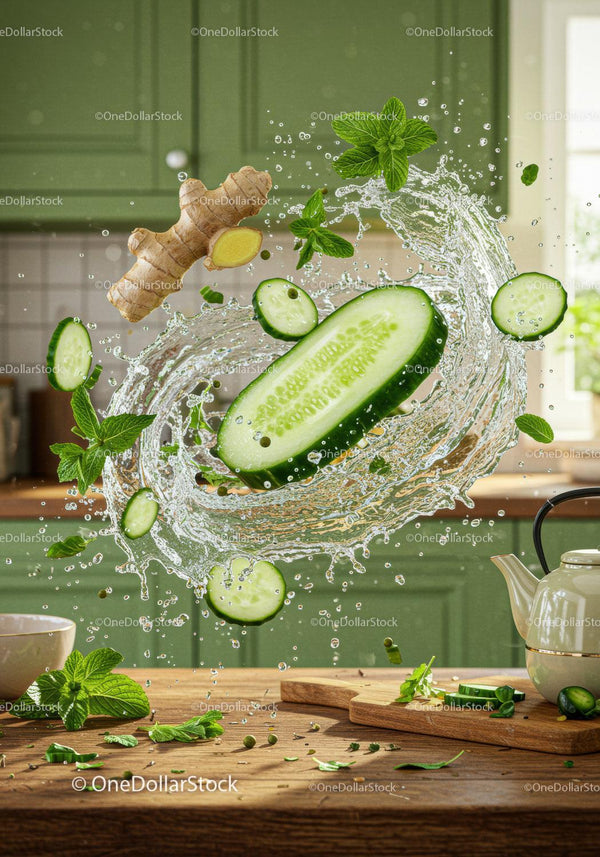 Fresh cucumber slices and mint leaves splashing with water