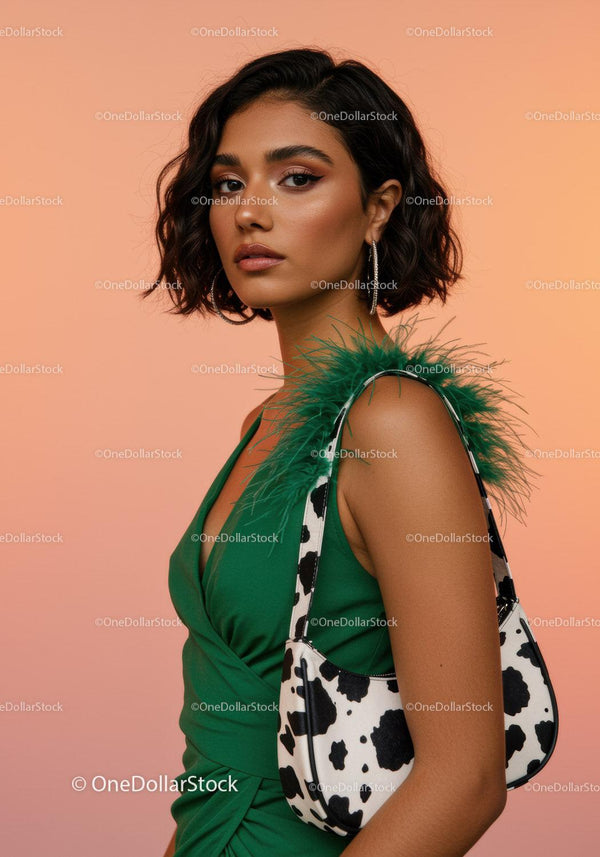 Elegant Woman in Green Dress with Cow Print Bag on Pink Background