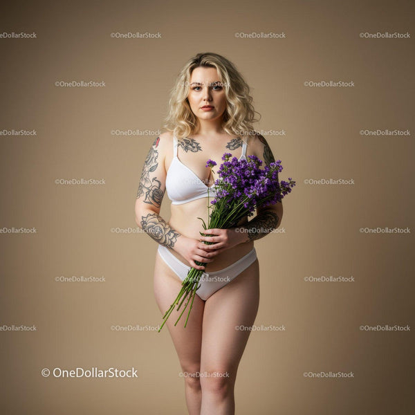 Portrait of a Tattooed Woman Holding Purple Flowers in Lingerie Studio