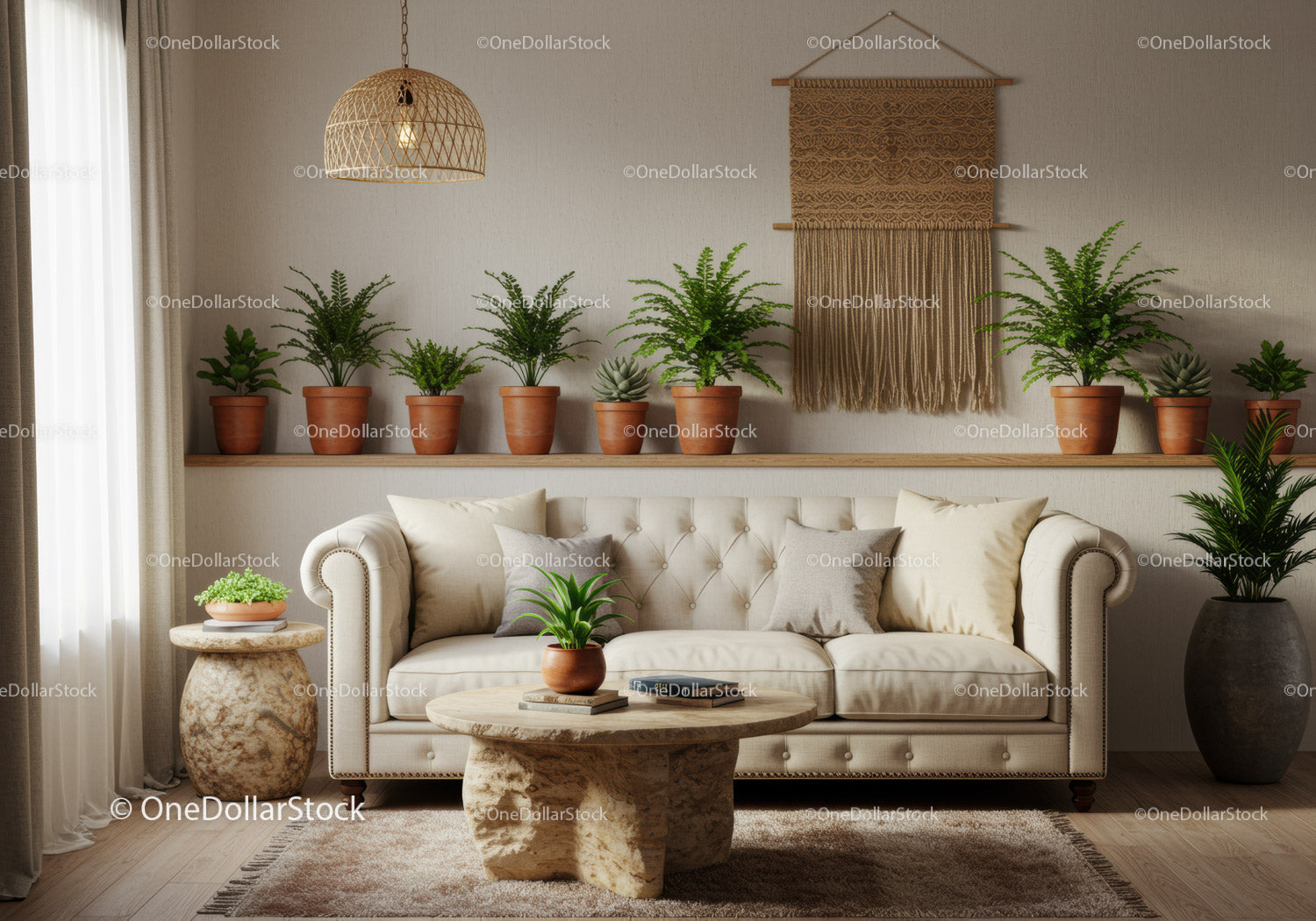 Przytulna beżowa sofa z zielonymi roślinami w nowoczesnym salonie